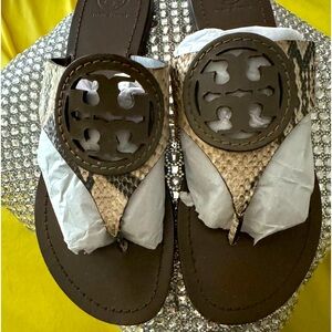 Tory Burch Sandals Size 10 Chocolate Brown and Cream snake print.